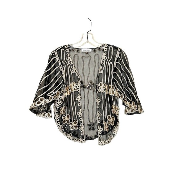 Simply Couture Cardigan Black Mesh Gold Sequined Flutter Sleeves‎ Open Front S - Picture 5 of 11